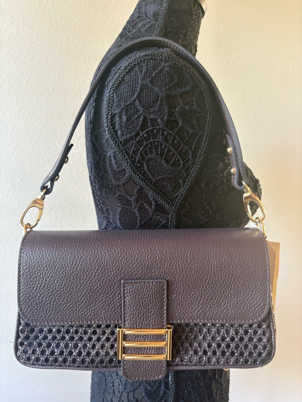 Divina Firenze Dark Brown Leather Shoulder Bag with Gold Hardware